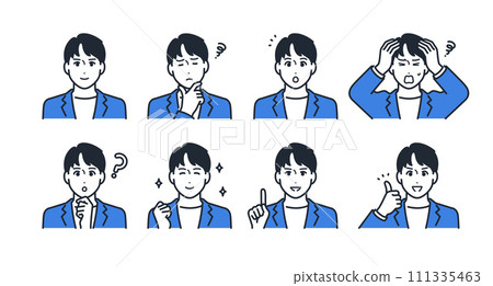 穿著休閒西裝的年輕人的臉部表情圖示插圖集素材 111335463
