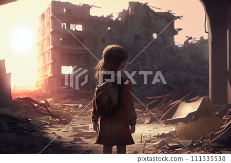 Post-apocalyptic survivor - a homeless girl. Ecological catastrophe, burnt city. child and war Post-apocalyptic survivor - a homeless girl. Ecological catastrophe, burnt city. child and war 111335538