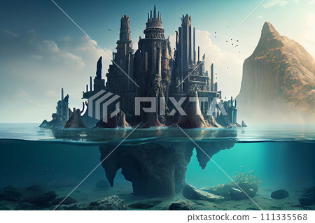 Atlantis lost continent underwater temples. Fantasy deep island illustration. Atlantis lost continent underwater temples. Fantasy deep island illustration. 111335568