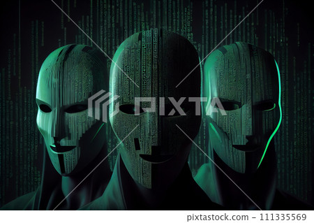 Three anonymous masks with green code symbols. Anonymous social masking. Technology and robotics concept. Three anonymous masks with green code symbols. Anonymous social masking. Technology and robotics concept. 111335569