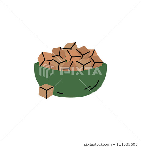 Cane sugar cubes in bowl doodle vector illustration. Simple hand drawn object. Pile of brown sugar Cane sugar cubes in bowl doodle vector illustration. Simple hand drawn object. Pile of brown sugar 111335605