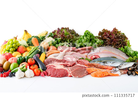 Meat, fish, vegetables, fruits collection white background 111335717