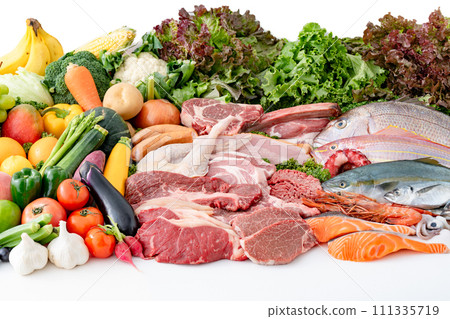Meat, fish, vegetables, fruits collection white background Meat, fish, vegetables, fruits collection white background 111335719