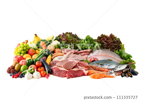Meat, fish, vegetables, fruits collection white background Meat, fish, vegetables, fruits collection white background 111335727