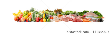 肉、魚、蔬菜、水果收藏白色背景 111335893
