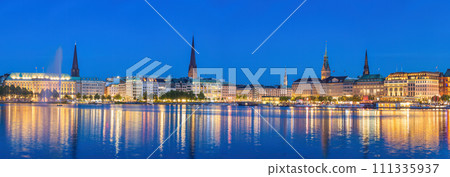 Hamburg Germany, night panorama city skyline at Alster Lake with Fountain Hamburg Germany, night panorama city skyline at Alster Lake with Fountain 111335937