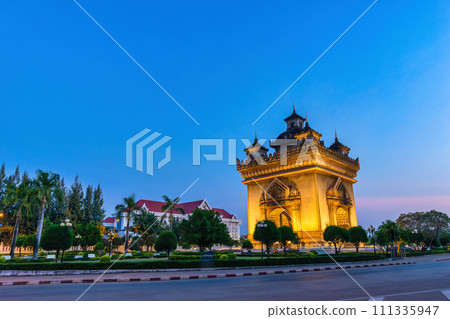 Vientiane Laos, night city skyline at Patuxai (Patuxay) the most famous landmark in Vientiane Vientiane Laos, night city skyline at Patuxai (Patuxay) the most famous landmark in Vientiane 111335947