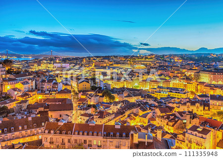 Lisbon Portugal sunset city skyline at Lisbon Baixa district 111335948
