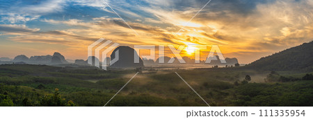 Mountain sunrise view at Din Deang Doi viewpoint with tropical forest, Krabi Thailand nature landscape panorama 111335954