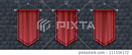 Medieval red cloth banners set on stone background Medieval red cloth banners set on stone background 111336172