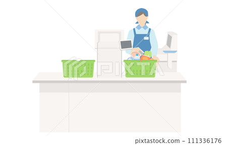 一名店員站在超市收銀台的插圖 一名店員站在超市收銀台的插圖 111336176