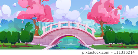 Sakura trees and stone bridge in spring park 111336214