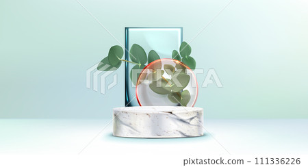 Stone cylinder product podium with green leaves 111336226