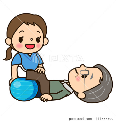 Senior rehabilitating using a balance ball 111336399