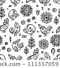 SIMPLE BIRDS MONOCHROME Cheerful Crow And Flowers In Folk Style Coloring Vector Finely Hand Drawn Vintage Sketch Nature Seamless Pattern Design Illustration 111337059