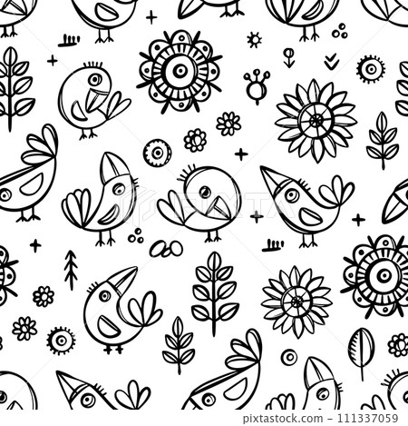 SIMPLE BIRDS MONOCHROME Cheerful Crow And Flowers In Folk Style Coloring Vector Finely Hand Drawn Vintage Sketch Nature Seamless Pattern Design Illustration 111337059