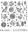 SIMPLE BIRDS Cheerful Crow And Flowers In Folk Style Coloring Monochrome Vector Finely Hand Drawn Vintage Sketch Nature Isolated Design Elements Illustration 111337061
