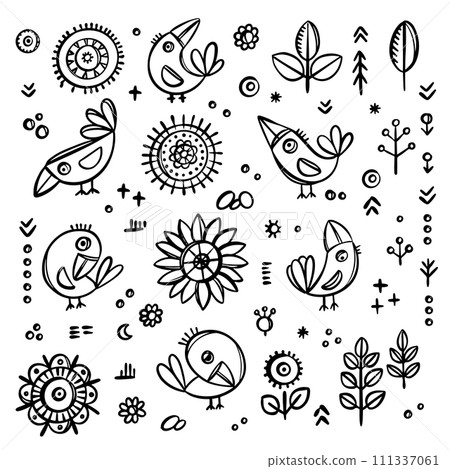 SIMPLE BIRDS Cheerful Crow And Flowers In Folk Style Coloring Monochrome Vector Finely Hand Drawn Vintage Sketch Nature Isolated Design Elements Illustration 111337061