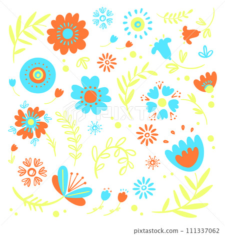 SIMPLE FLOWERS Floral Sketch Abstract Nature Folk Style Decor Ethnic Doodle Ornament Holiday Bright Cartoon Packaging Vector Illustration For Print On Pink 111337062