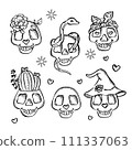 SKULLS WITH FLOWERS AND HEARTS Cheerful Faces With Bow Snake Cactus And Flower Monochrome Sketch Halloween Holiday Horror Vector Pattern Print Illustration 111337063
