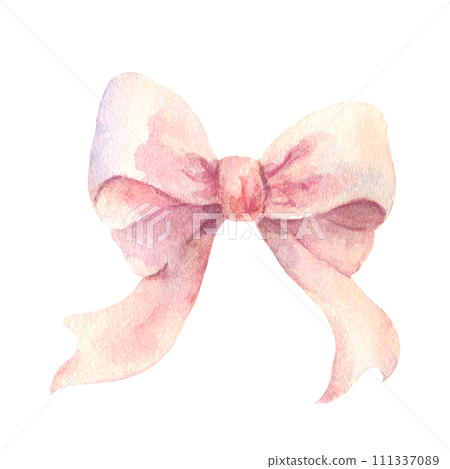 Watercolor delicate pink or peach fuzz Bow for gift. Hand drawn illustration of ribbon for present. Isolated element on white background. Sketch for birthday or Valentine's day design 111337089