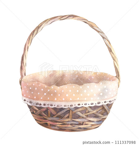 Wicker round Basket for Easter decor, picnic or home decor. Hand drawn watercolor illustration of empty traditional container on isolated background. Drawing of Vintage Rustic hamper. Wicker round Basket for Easter decor, picnic or home decor. Hand drawn watercolor illustration of empty traditional container on isolated background. Drawing of Vintage Rustic hamper. 111337098