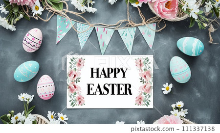 Happy easter banner background. Easter flowers with eggs 111337138