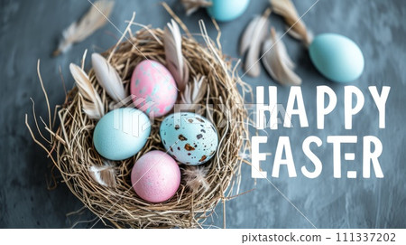 Happy easter banner background. Easter nest with eggs Happy easter banner background. Easter nest with eggs 111337202