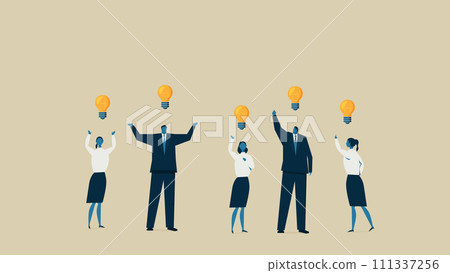 There are light bulbs above different men and women. 111337256