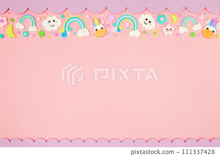 pastel pink kawaii background with cute cartoon animals, unicorns, rainbows pastel pink kawaii background with cute cartoon animals, unicorns, rainbows 111337428