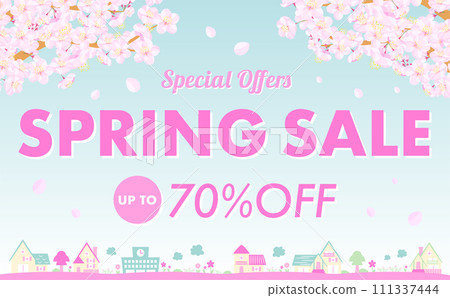 簡單的春天風景背景框架材料，帶有空白空間和複製空間，描繪櫻花、城市景觀和藍天 111337444