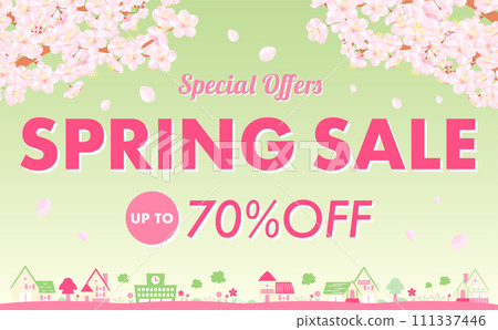 Simple spring yellow-green sale background frame material with blank space and copy space depicting cherry blossoms and cityscapes/landscapes 111337446