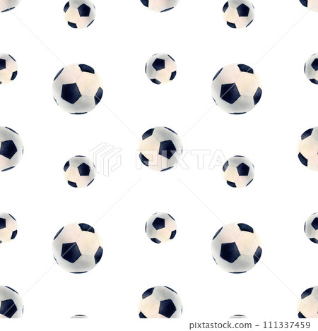 Soccer football pattern watercolor drawing. Seamless sports gear train team. Leather pentagon on white background. Athlete training player footballer stadium. Circle international challenge. Play win 111337459