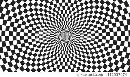 Psychedelic checkered circle background. Round background with checkerboard pattern. Chequer psychedelic mosaic. Chess optical texture. Vector illustration on white background 111337474