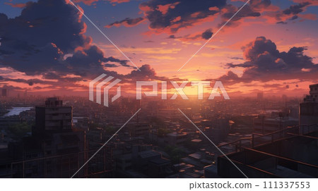 Beautiful city landscape background. Cartoon summer sunset with clouds. Anime style 111337553