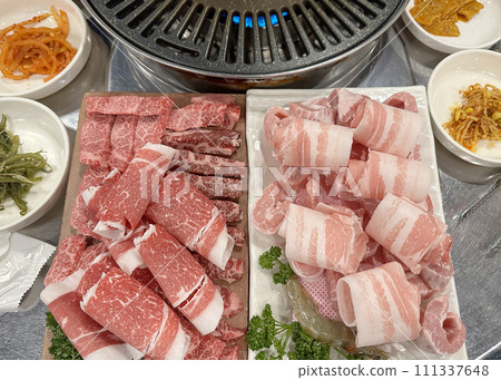 uncooked fresh meat beef and pork 111337648