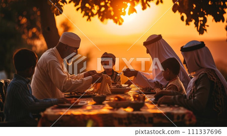 Arabian family eating iftar in Ramadan. Break fasting during Ramadan. 111337696