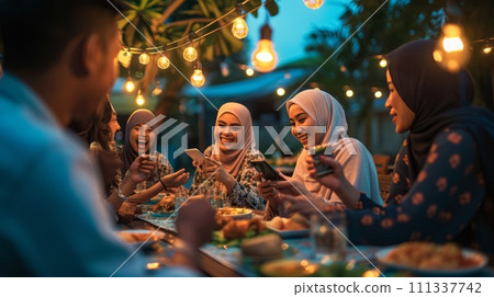 Arabian family eating iftar in Ramadan. Break fasting during Ramadan. 111337742