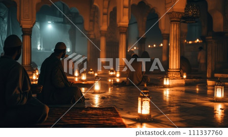 Religious muslim people praying in the mosque. Salah, worship and pray with islamic friends 111337760