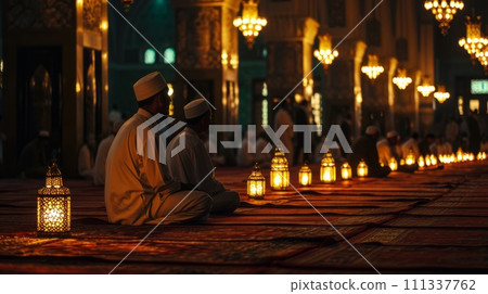 Religious muslim people praying in the mosque. Salah, worship and pray with islamic friends Religious muslim people praying in the mosque. Salah, worship and pray with islamic friends 111337762