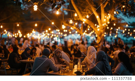 Arabian family eating iftar in Ramadan. Break fasting during Ramadan. 111337788