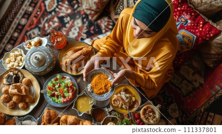 Muslim Woman eating iftar in Ramadan. Celebration Ramadan. 111337801
