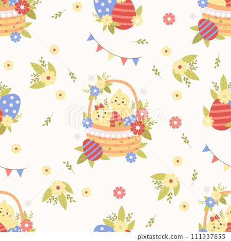 Seamless pattern with little cute chicks in Easter basket with eggs and flowers on white background. Vector illustration for paschal design, wallpaper, packaging, textile. Kids collection 111337855