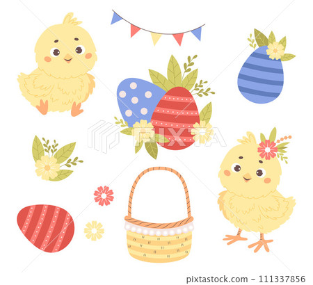 Easter collection. Little cute chickens, basket, decorative eggs, flowers and garland. Isolated holiday symbols on white background. Vector illustration. Kids collection 111337856