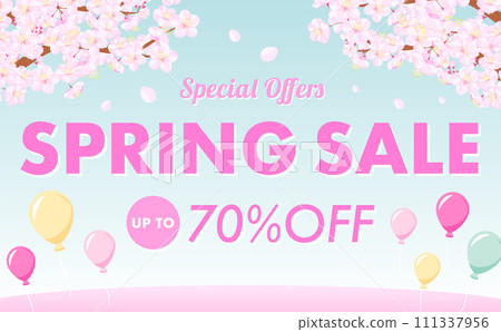 Pop spring blue sky background sale frame material with margin/copy space with cherry blossoms and balloons drawn Pop spring blue sky background sale frame material with margin/copy space with cherry blossoms and balloons drawn 111337956