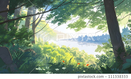 夏季背景和綠葉邊框 No.017 AI 生成圖像 111338333