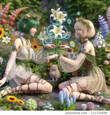 花園裡的女孩：綠鮑伯、金髮鮑伯和貓 111338890