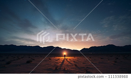 A man illuminated by the setting sun in the wilderness 111338988