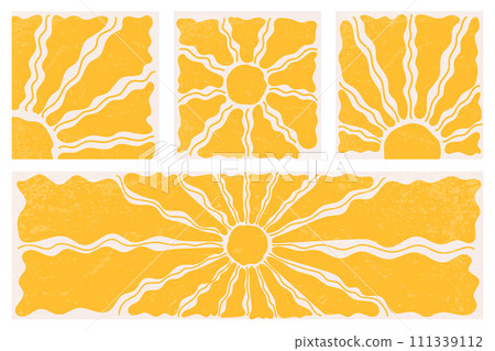 Groovy sun background. Abstract retro vector wavy radial rays. Vintage summer 70s psychedelic design. Cartoon modern poster illustration. 111339112