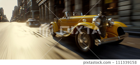 Yellow convertible car speeding Yellow convertible car speeding 111339158